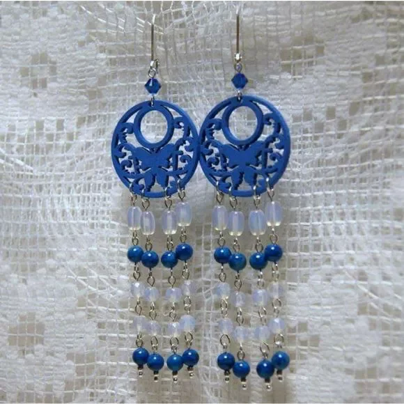 Handmade Blue Wooden Butterflies, Opalite, & Fossil Stone Chandelier Earrings - Picture 2 of 5